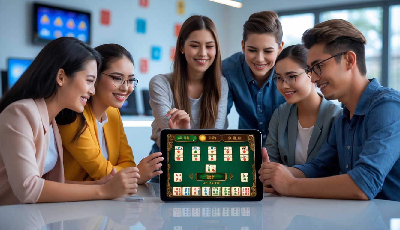 Sekelompok orang muda berkumpul di sekitar tablet digital yang menampilkan permainan slot online bertema Mahjong 2, tampak serius dan antusias dalam suasana ruang kerja modern.