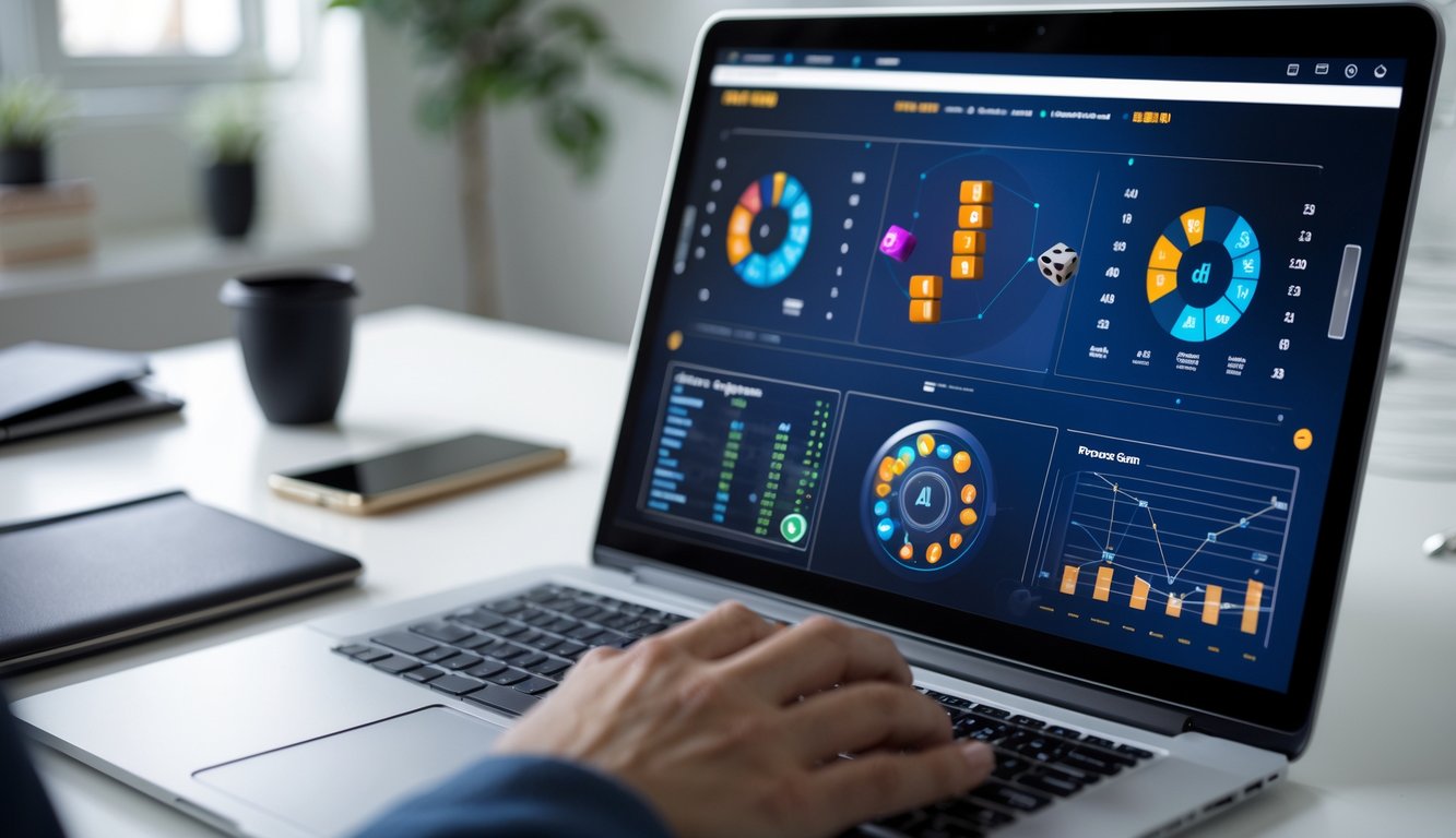 Layar komputer menampilkan antarmuka permainan Sicbo online dengan grafik dadu dan diagram statistik di meja kerja yang rapi.