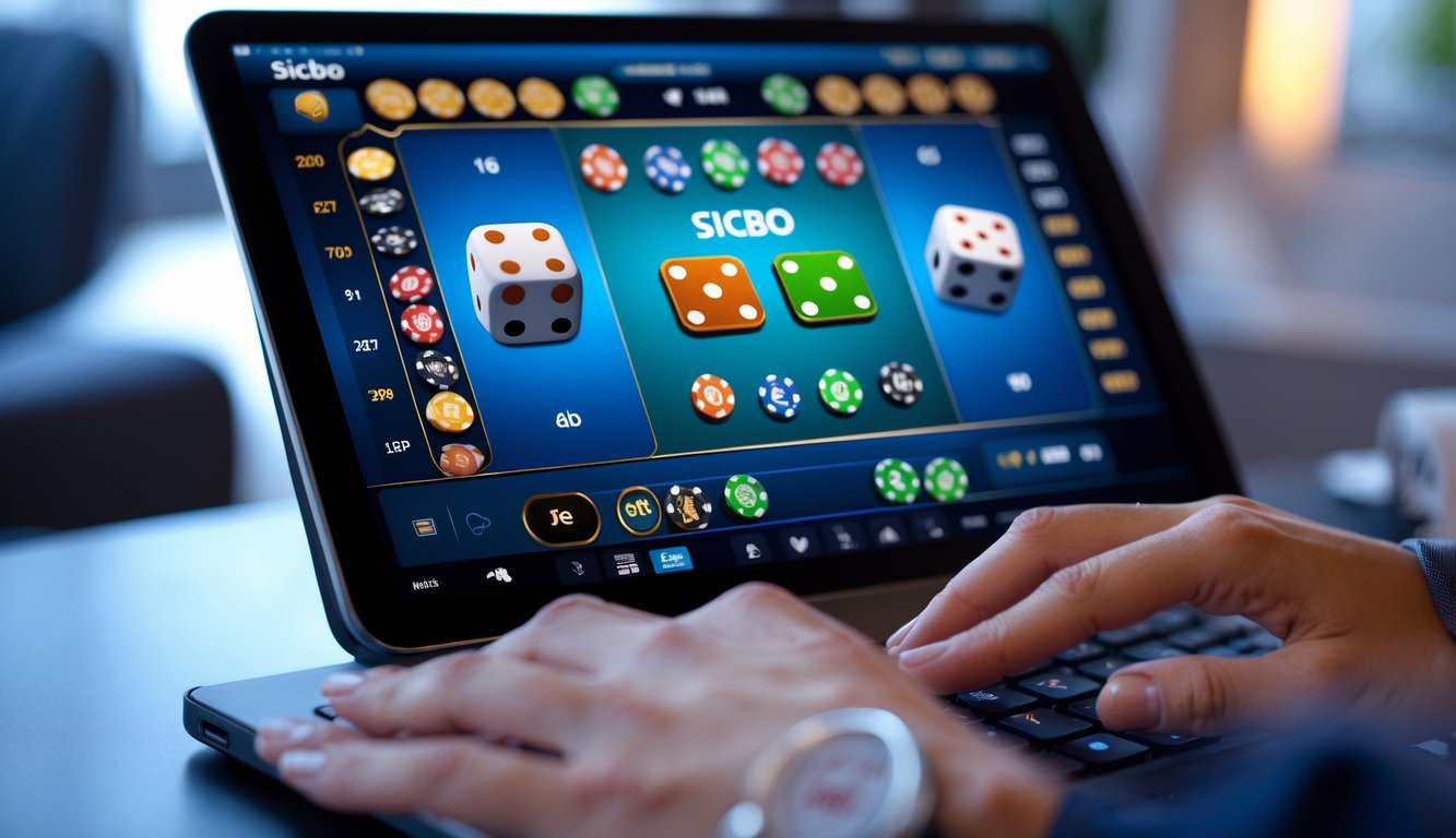 Seseorang menggunakan laptop dengan tampilan permainan Sicbo online di layar dalam suasana nyaman dan modern.