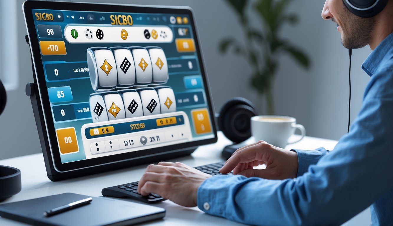 Seorang pemain yang fokus menggunakan perangkat digital untuk bermain Sicbo online dengan antarmuka permainan yang jelas di layar.