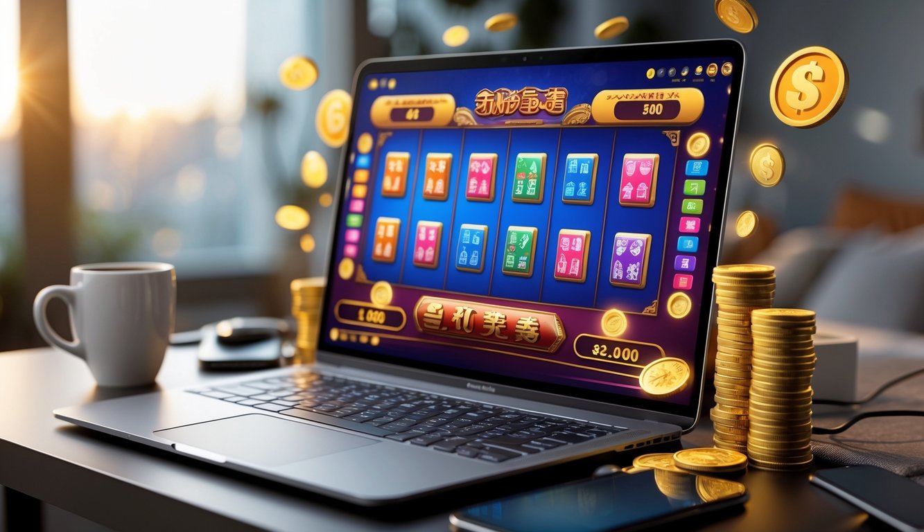 Seorang pemain sedang menggunakan komputer dengan permainan slot Mahjong yang berwarna-warni di layar, dikelilingi oleh simbol bonus dan koin di meja kerja yang rapi.