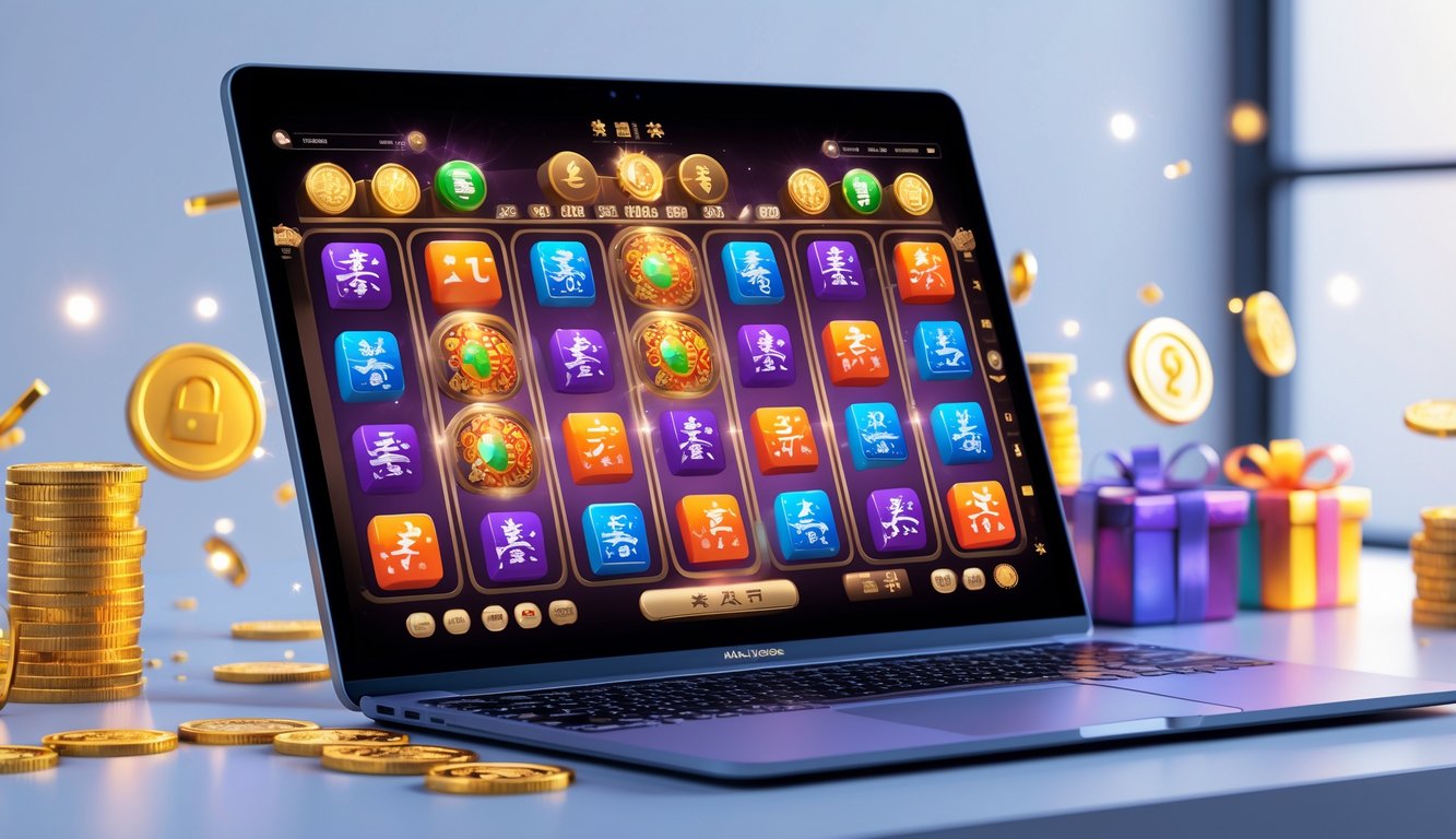 Sebuah layar komputer menampilkan permainan slot Mahjong dengan simbol ubin Mahjong yang berwarna-warni dan elemen bonus, di lingkungan gaming yang modern dan terpercaya.