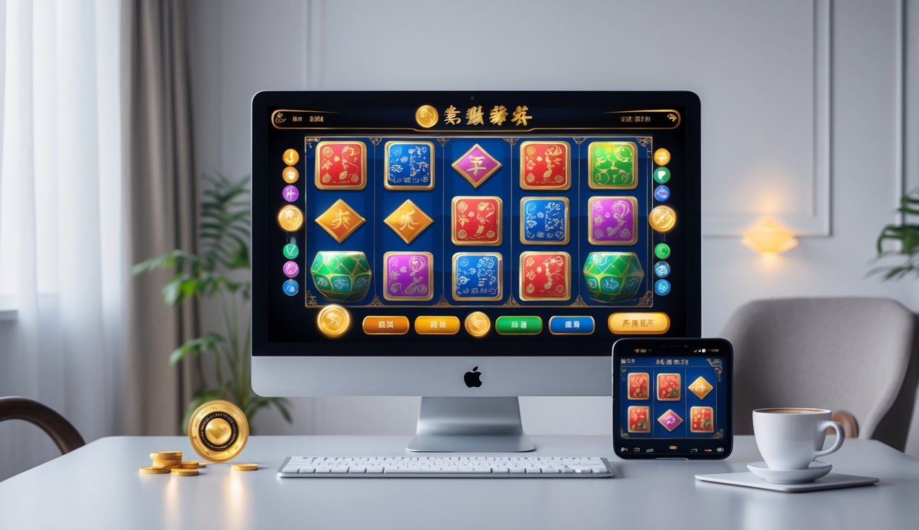 Sebuah meja kerja modern dengan komputer menampilkan permainan slot Mahjong yang berwarna-warni, dikelilingi elemen yang menunjukkan kepercayaan dan teknologi terbaru.