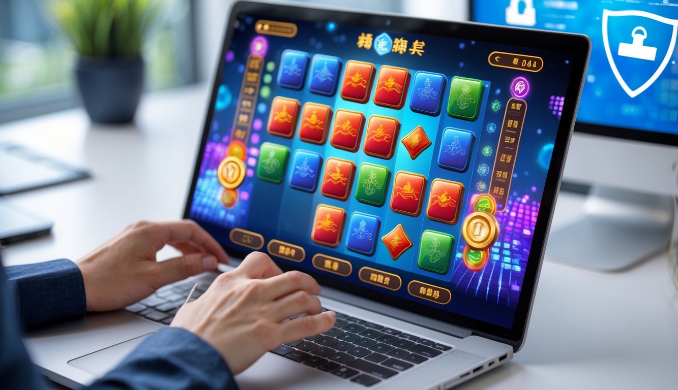 Seseorang menggunakan laptop yang menampilkan permainan slot Mahjong 2 dengan suasana ruang kerja yang rapi dan terang.