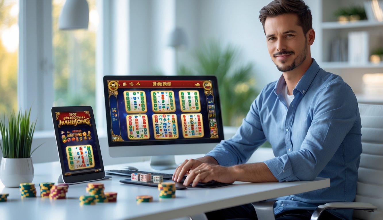 Seorang pria sedang duduk di meja dengan beberapa perangkat digital yang menampilkan permainan slot online bertema Mahjong, di ruang kerja yang terang dan rapi.