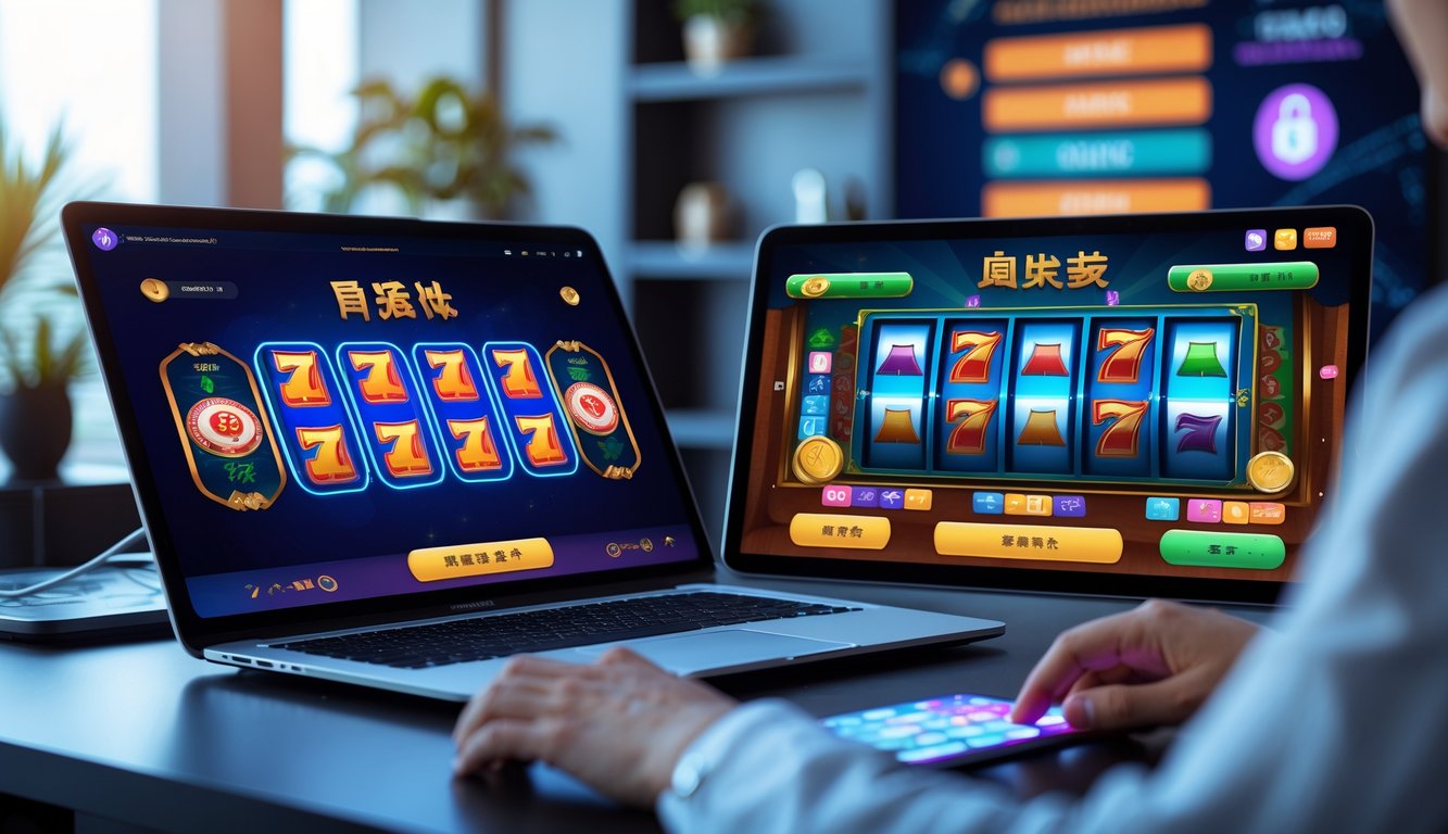 Seseorang menggunakan laptop dengan tampilan permainan slot dan mahjong online, di meja kerja yang rapi dengan ikon pembayaran digital yang menunjukkan metode pembayaran cepat dan aman.