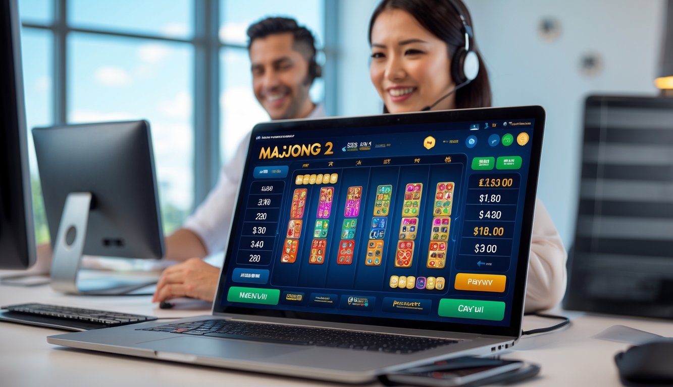Seorang perwakilan layanan pelanggan dengan headset di ruang kerja modern dengan layar menampilkan permainan slot Mahjong 2 online.