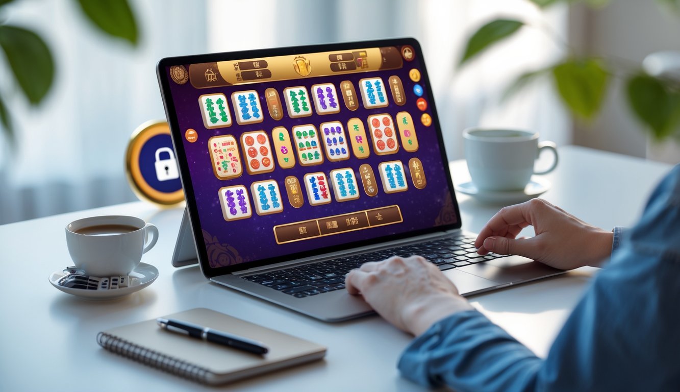 Seorang pemain menggunakan laptop dengan permainan Mahjong online yang terlihat jelas di layar, di atas meja yang rapi dengan cangkir kopi dan alat tulis.