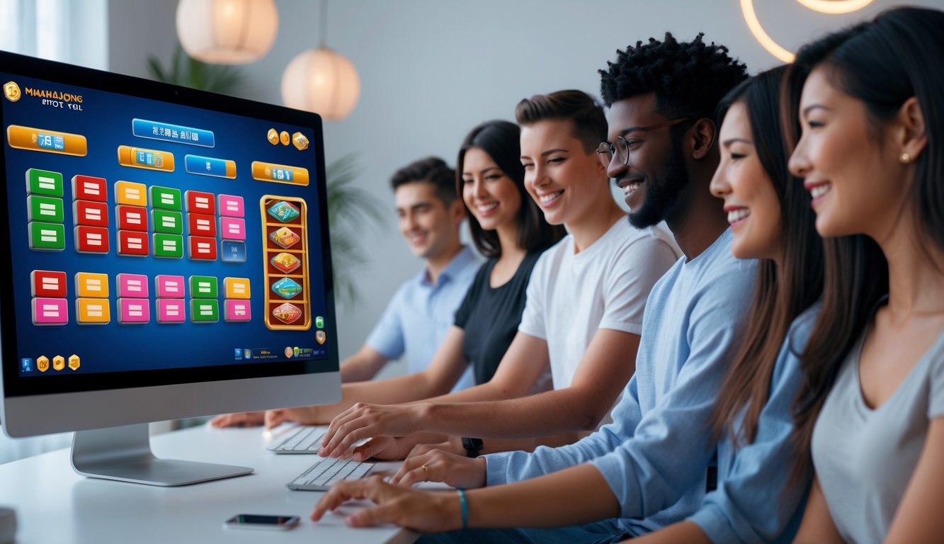 Sekelompok orang muda sedang bermain game Mahjong 2 slot online di komputer dan ponsel dengan ekspresi senang dalam suasana yang aman dan nyaman.