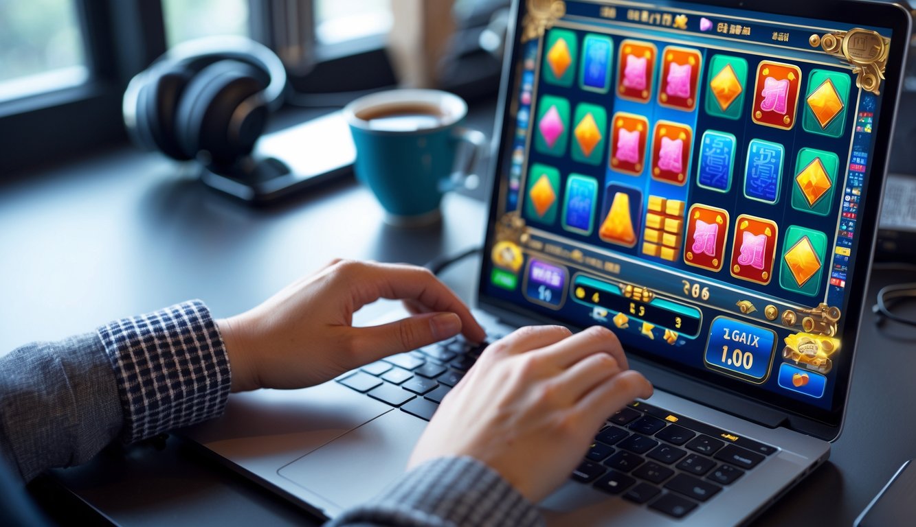 Seseorang menggunakan komputer dengan tampilan permainan Mahjong dan mesin slot di layar dalam suasana ruang kerja yang rapi.