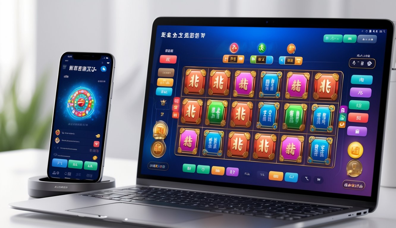 Sebuah layar komputer menampilkan permainan slot Mahjong online dengan perangkat tambahan seperti ponsel di meja, menggambarkan kemudahan akses dan fitur lengkap.