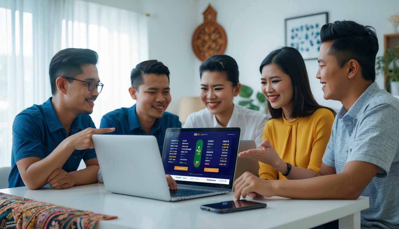 Sekelompok orang Indonesia sedang menggunakan laptop dan ponsel untuk bertaruh bola secara online di ruangan yang nyaman.