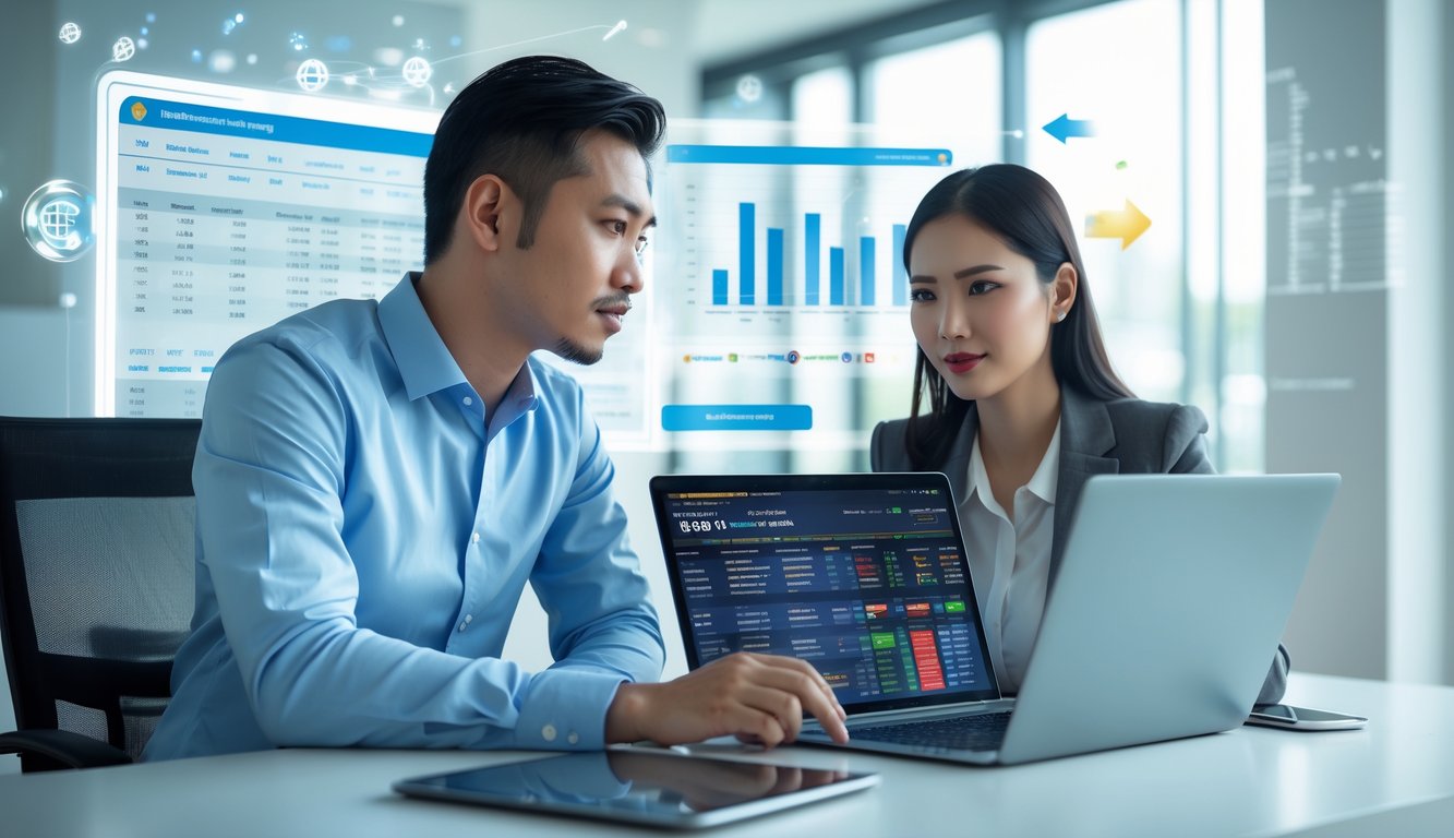 Dua orang sedang berdiskusi di depan laptop dengan data taruhan olahraga online di layar, di sebuah kantor modern.