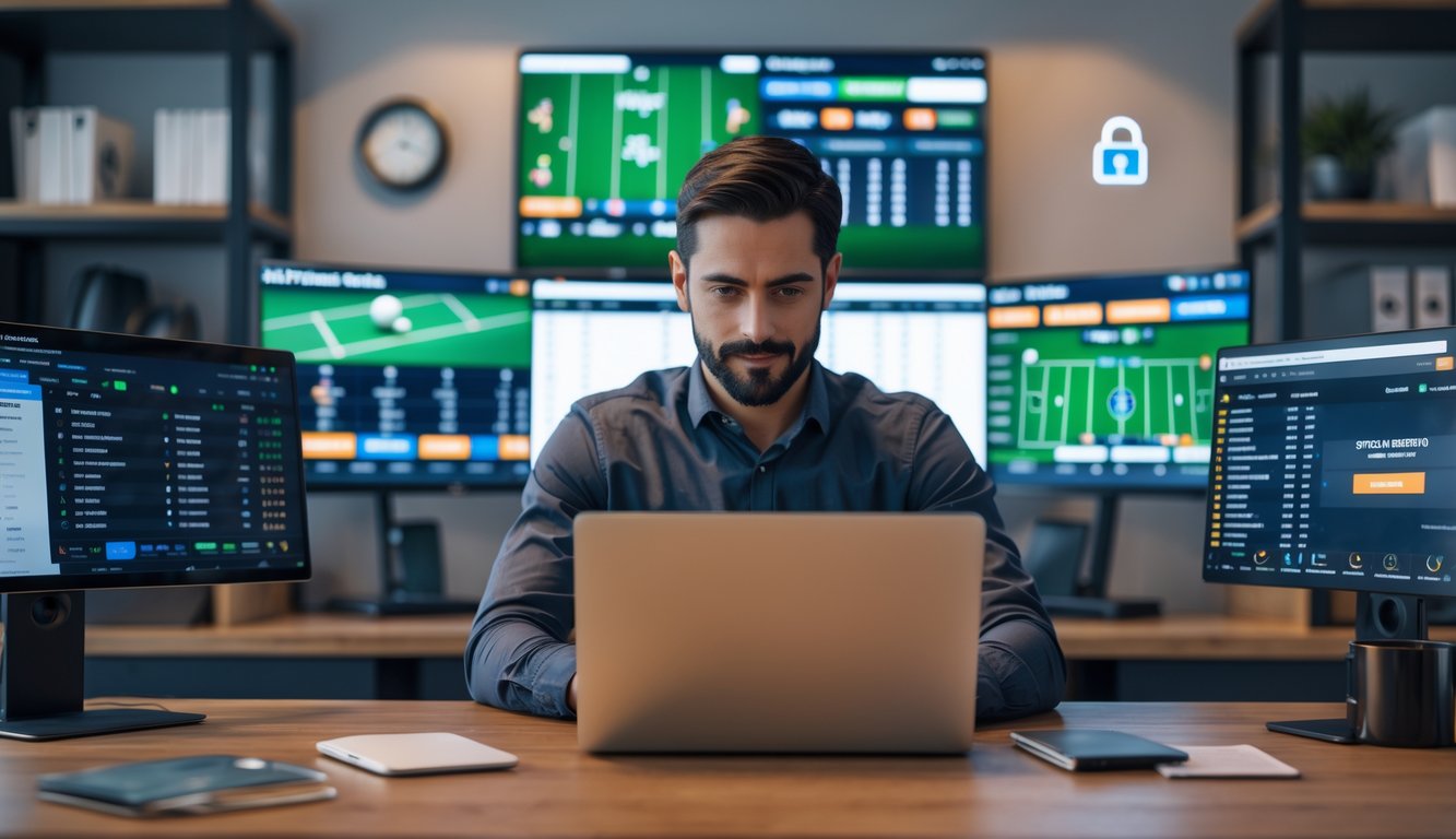 Seorang pria fokus menggunakan laptop di ruang kerja modern dengan beberapa layar menampilkan acara olahraga dan peluang taruhan.