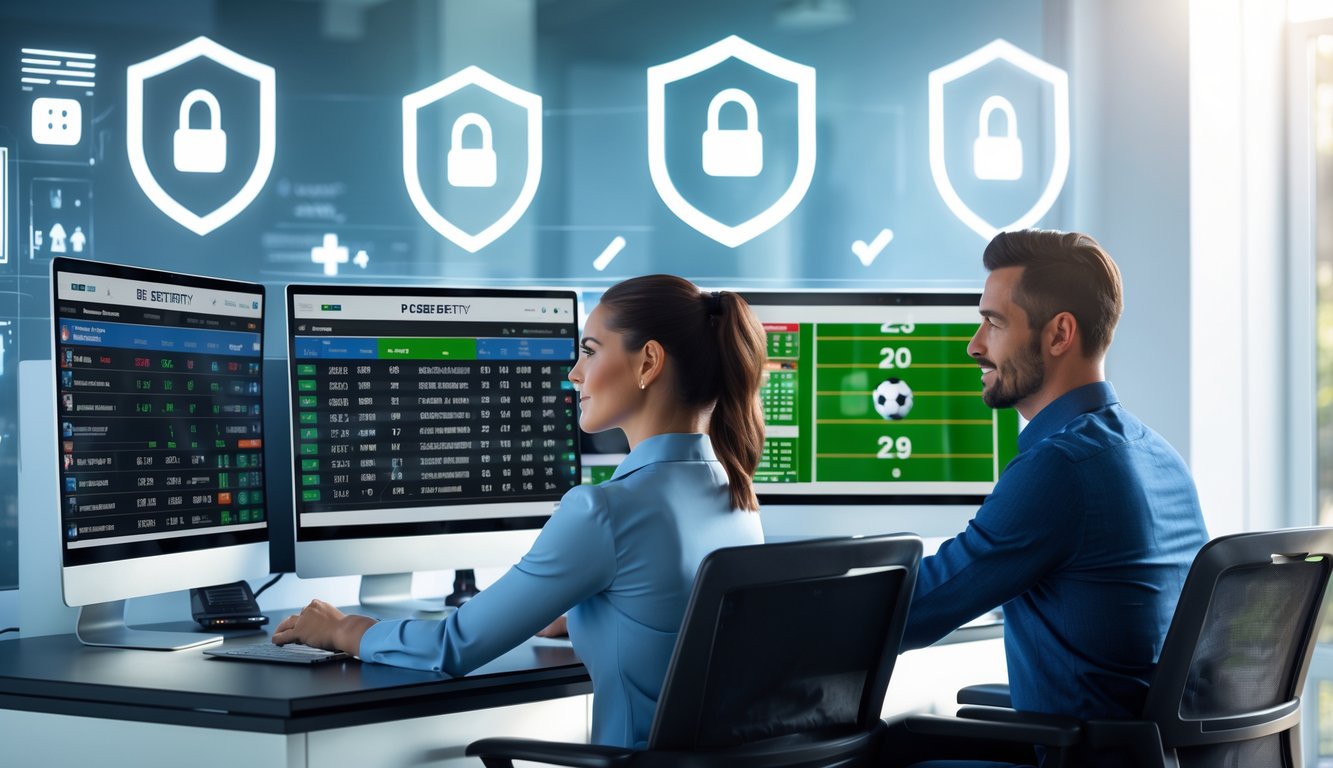 Dua orang sedang menggunakan komputer dengan layar menampilkan taruhan olahraga online di kantor modern yang terang dan aman.