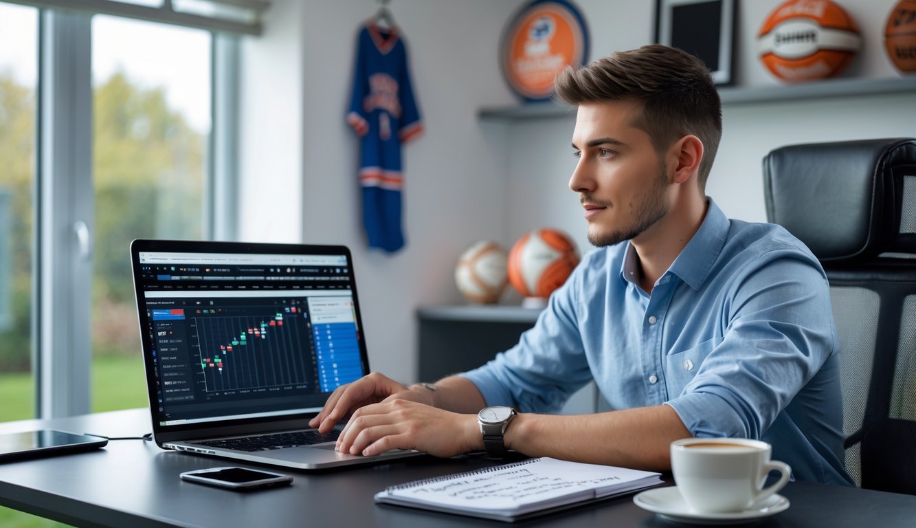 Seorang pria muda duduk di meja dengan laptop, melihat data taruhan olahraga online di ruangan kerja modern.