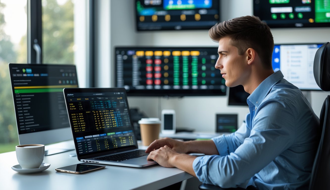 Seorang pria muda duduk di meja kerja dengan laptop dan beberapa monitor menampilkan pertandingan olahraga, terlihat fokus dan serius.