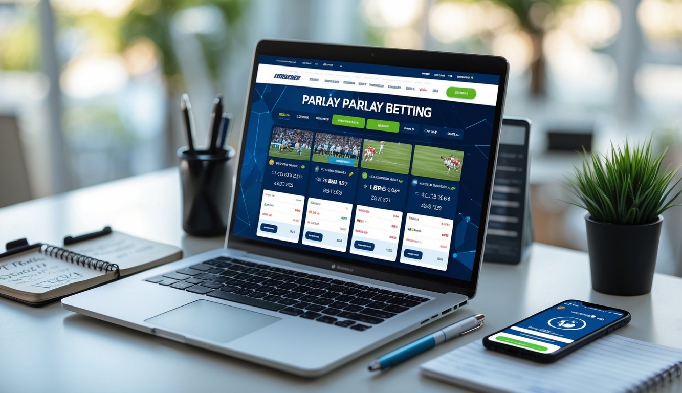 Seorang pria menggunakan laptop di meja kerja dengan layar menampilkan situs taruhan olahraga online dan beberapa catatan di sekitarnya.