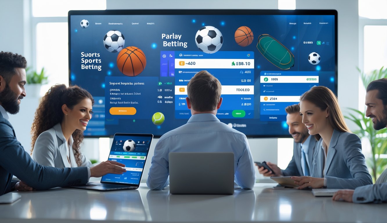 Orang-orang menggunakan perangkat digital untuk memasang taruhan olahraga secara online dengan tampilan grafik dan angka peluang taruhan di layar.