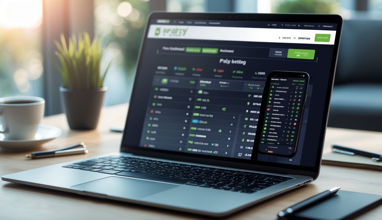 Meja kerja dengan laptop dan ponsel yang menampilkan antarmuka aplikasi taruhan olahraga online, dengan suasana yang rapi dan profesional.