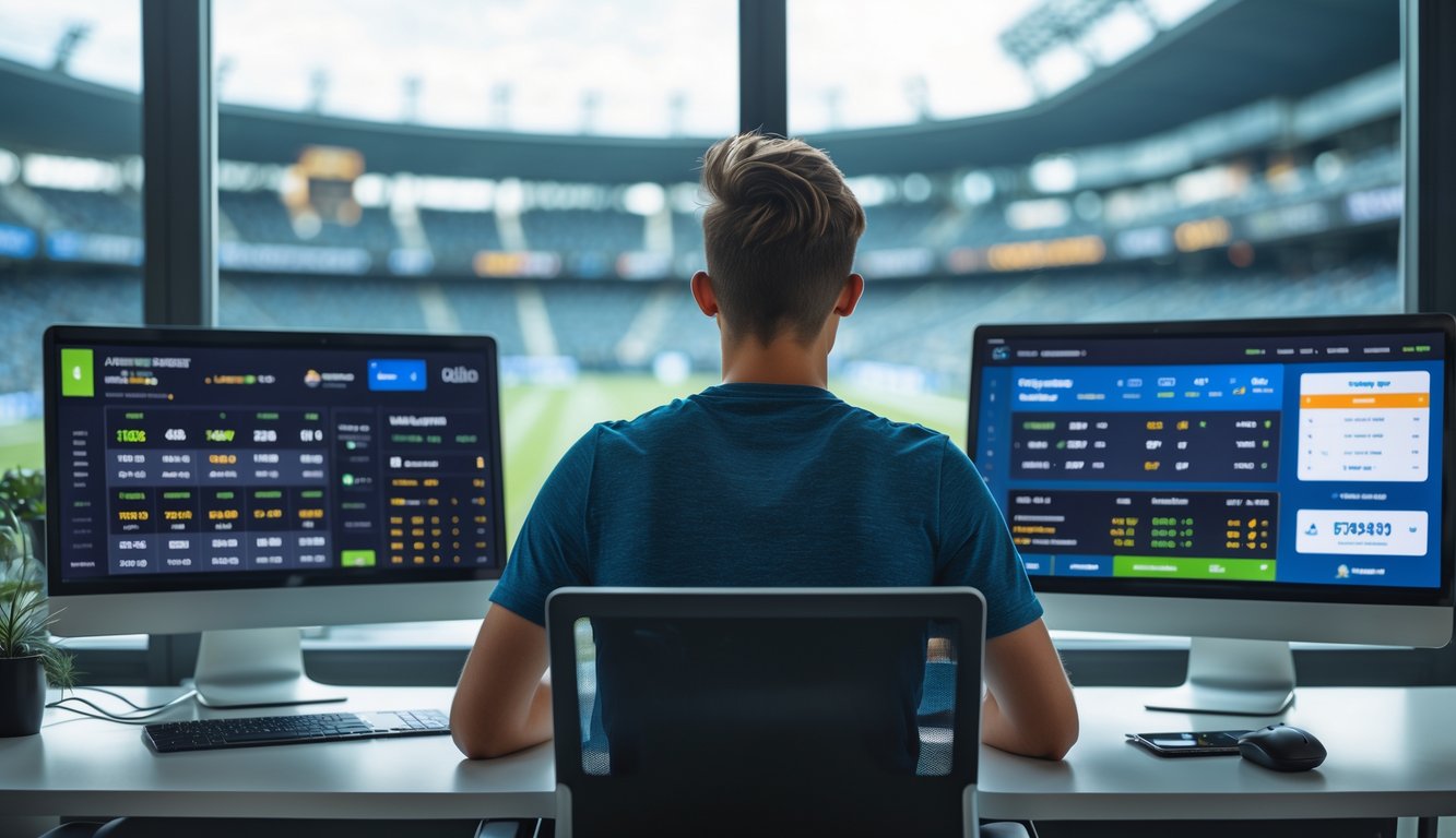 Seorang pria muda duduk di meja dengan beberapa perangkat digital yang menampilkan taruhan olahraga, latar belakang stadion olahraga terlihat melalui jendela.
