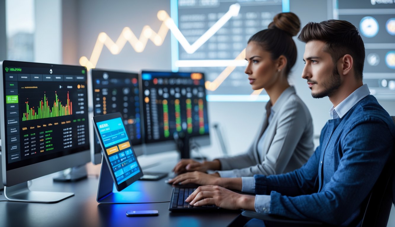 Dua orang dewasa sedang menggunakan komputer dengan tampilan data taruhan olahraga di sebuah kantor modern.