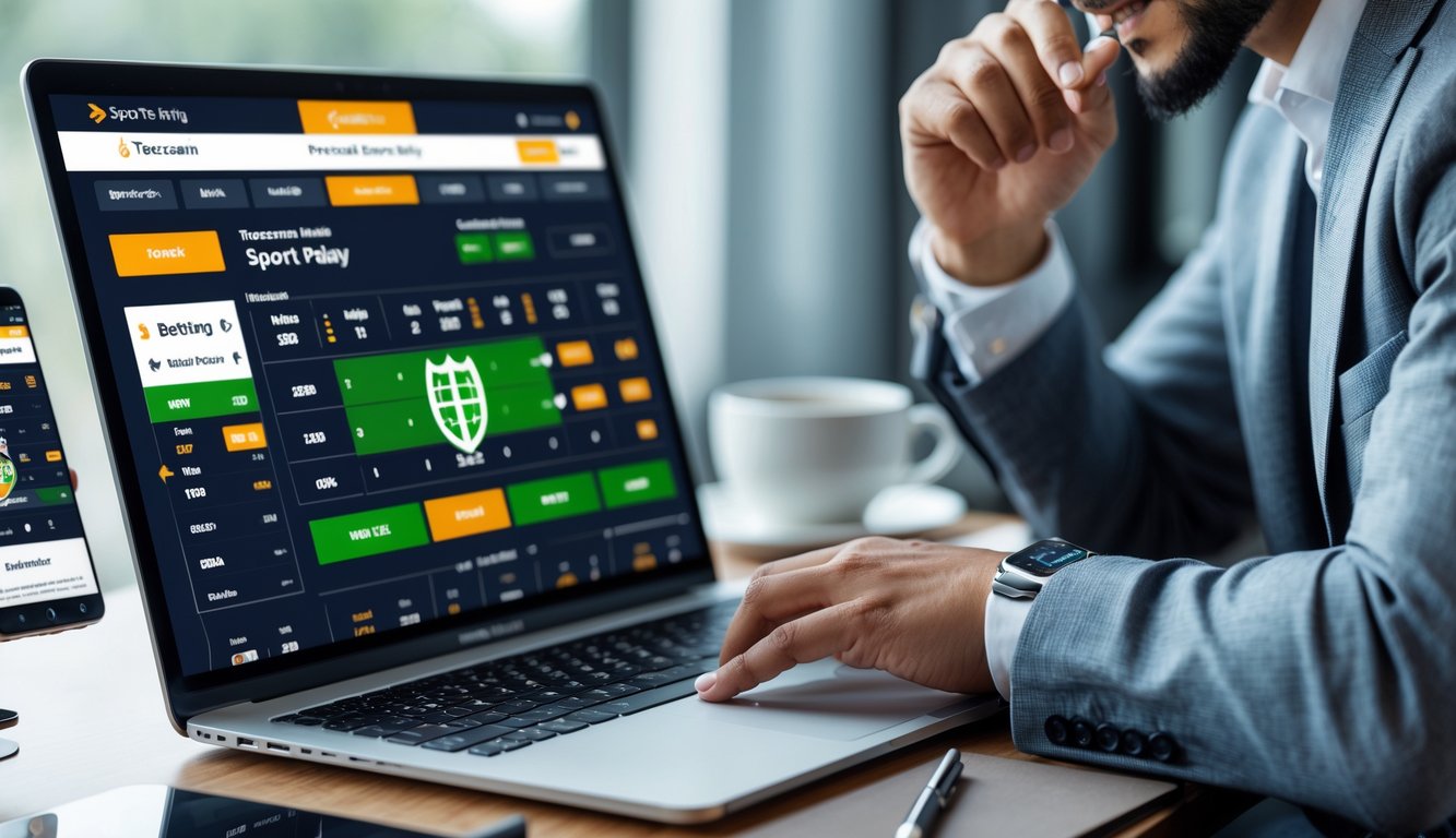 Seseorang sedang menggunakan laptop untuk memasang taruhan bola secara online dengan tampilan situs taruhan di layar.