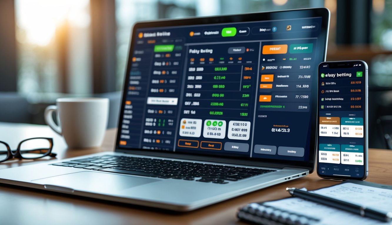 Seorang profesional bekerja dengan laptop dan ponsel yang menampilkan halaman taruhan olahraga online di meja kerja.