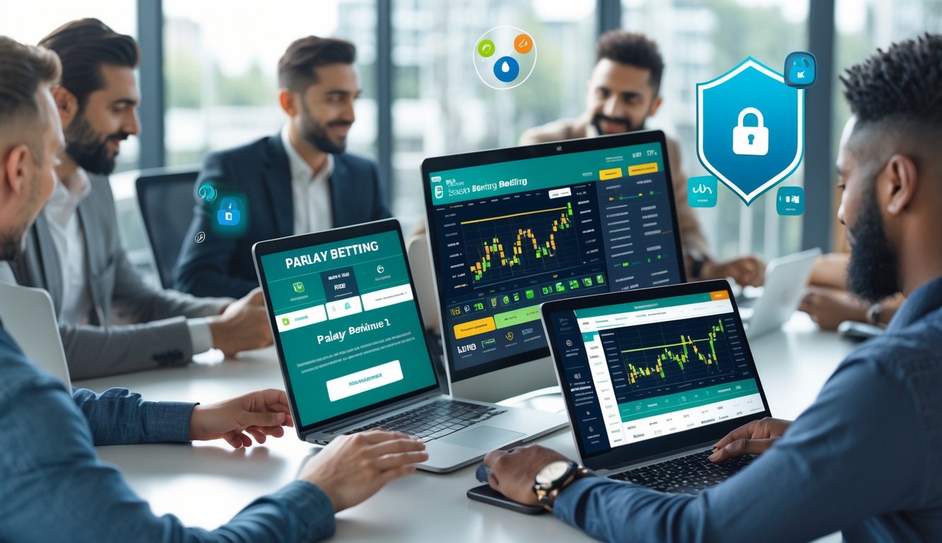 Orang-orang menggunakan perangkat digital di ruang kerja modern, menunjukkan aktivitas taruhan olahraga online yang cepat dan aman.