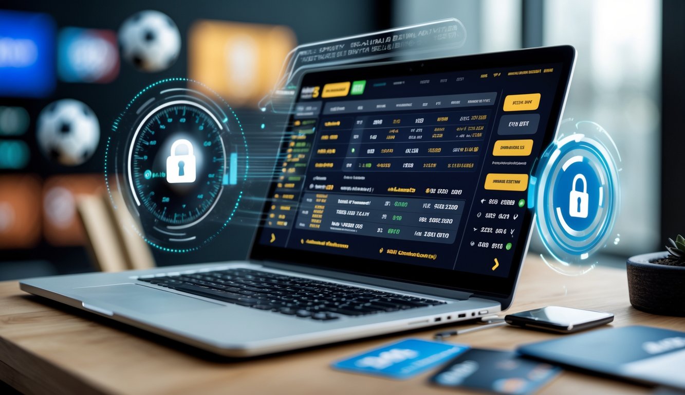 Seorang pria menggunakan laptop dengan tampilan situs taruhan olahraga online, di latar belakang terdapat gambar olahraga seperti sepak bola dan bola basket.