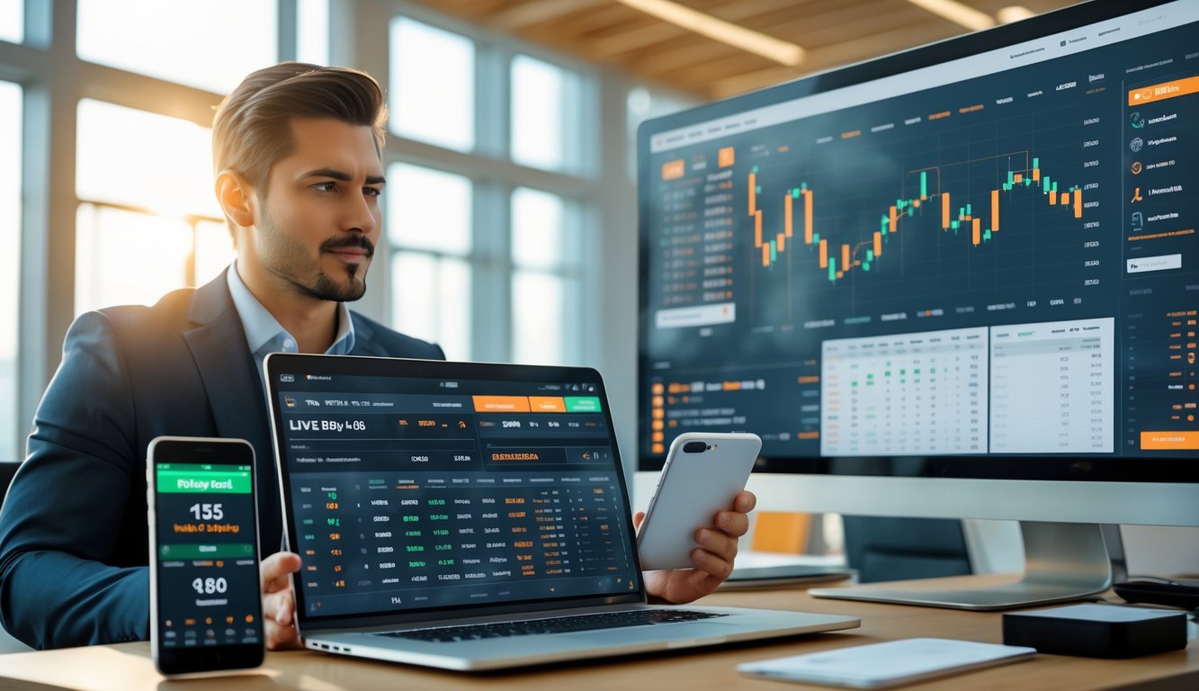 Seorang profesional sedang menganalisis data taruhan olahraga menggunakan beberapa perangkat digital di kantor modern.