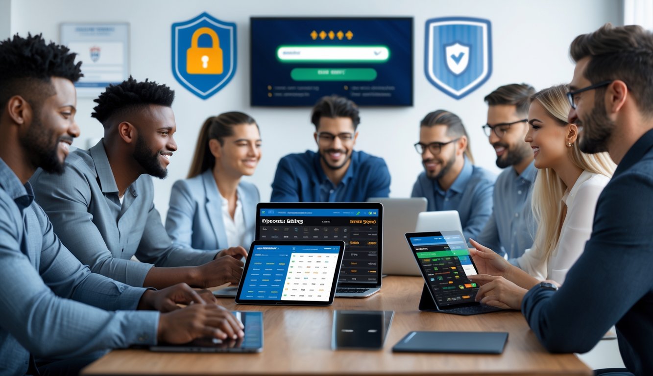Sekelompok orang sedang menggunakan perangkat digital untuk bertaruh olahraga secara online di ruang kerja modern dengan simbol keamanan di latar belakang.