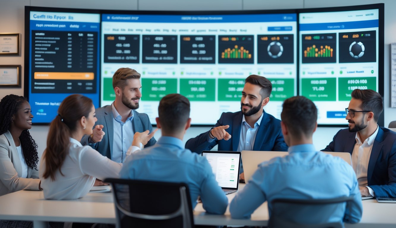 Sekelompok orang profesional sedang berdiskusi di kantor modern dengan layar digital menampilkan statistik sepak bola dan peluang taruhan.