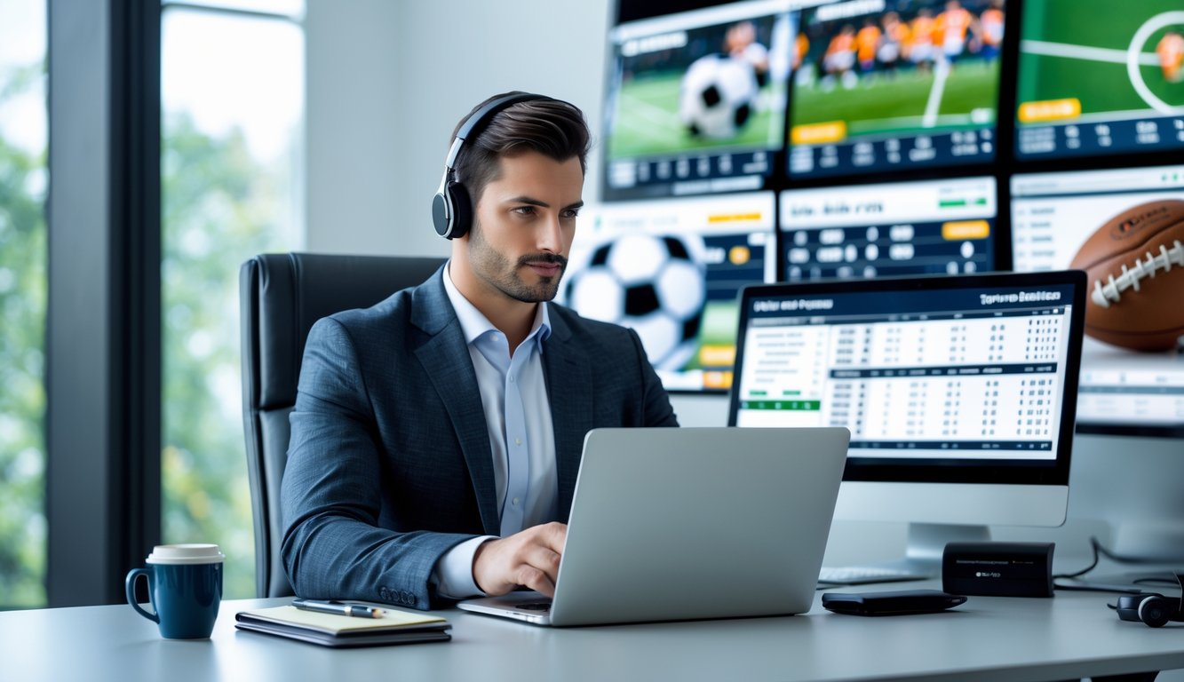 Seorang pria profesional duduk di meja dengan beberapa layar komputer menampilkan data taruhan olahraga, menggunakan laptop dan ponsel di kantor modern.