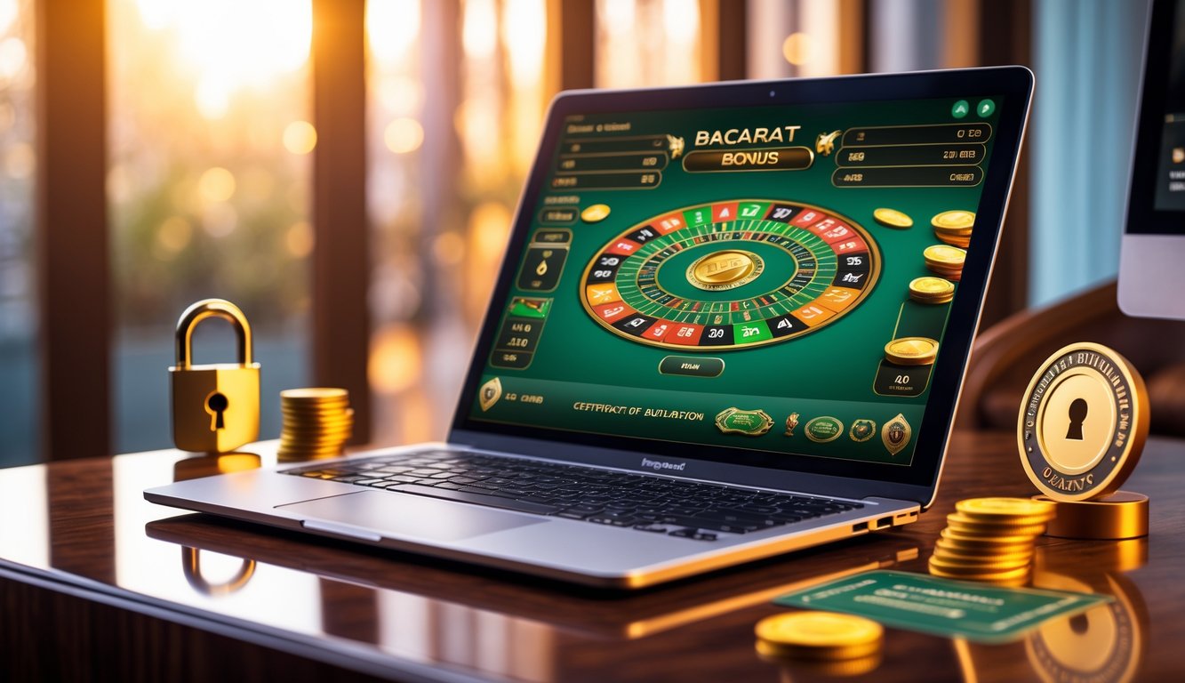 Seorang pemain sedang menggunakan laptop dengan tampilan permainan baccarat online di meja kayu, dikelilingi oleh simbol keamanan seperti gembok dan sertifikat, di ruangan dengan pencahayaan hangat.