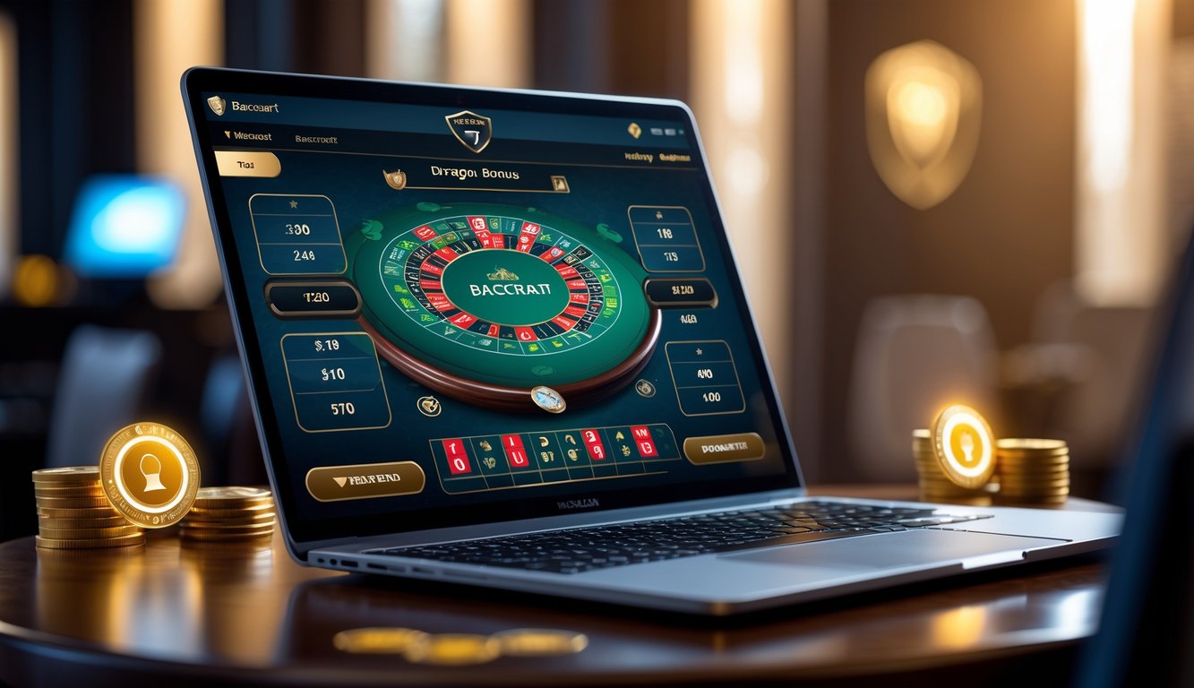 Sebuah laptop menampilkan permainan baccarat online dengan fitur Dragon Bonus, dikelilingi oleh simbol keamanan dan suasana yang profesional.