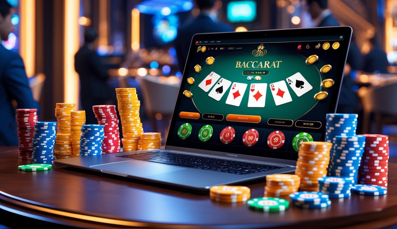 Sebuah laptop di atas meja kayu dengan permainan baccarat online di layar, dikelilingi tumpukan chip kasino berwarna-warni dalam suasana kasino digital yang mewah.