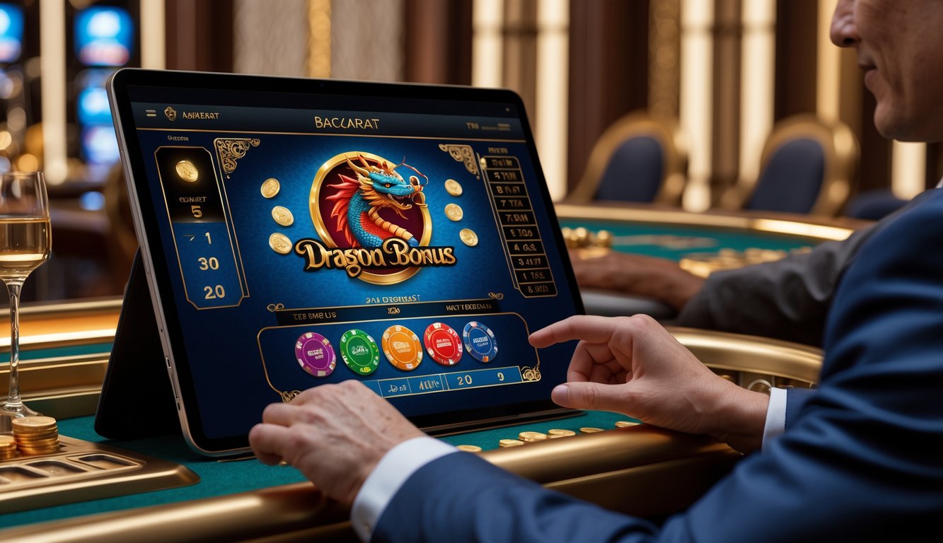 Seorang pria atau wanita berpenampilan profesional sedang bermain permainan baccarat online di layar komputer dengan latar belakang suasana kasino mewah.