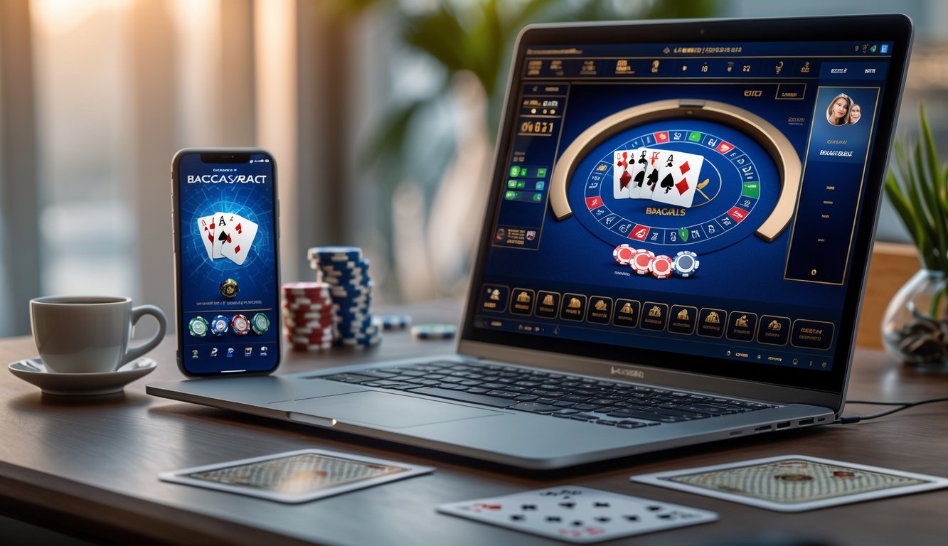 Seorang pria menggunakan laptop dan ponsel untuk bermain baccarat online dengan kartu dan chip di meja.