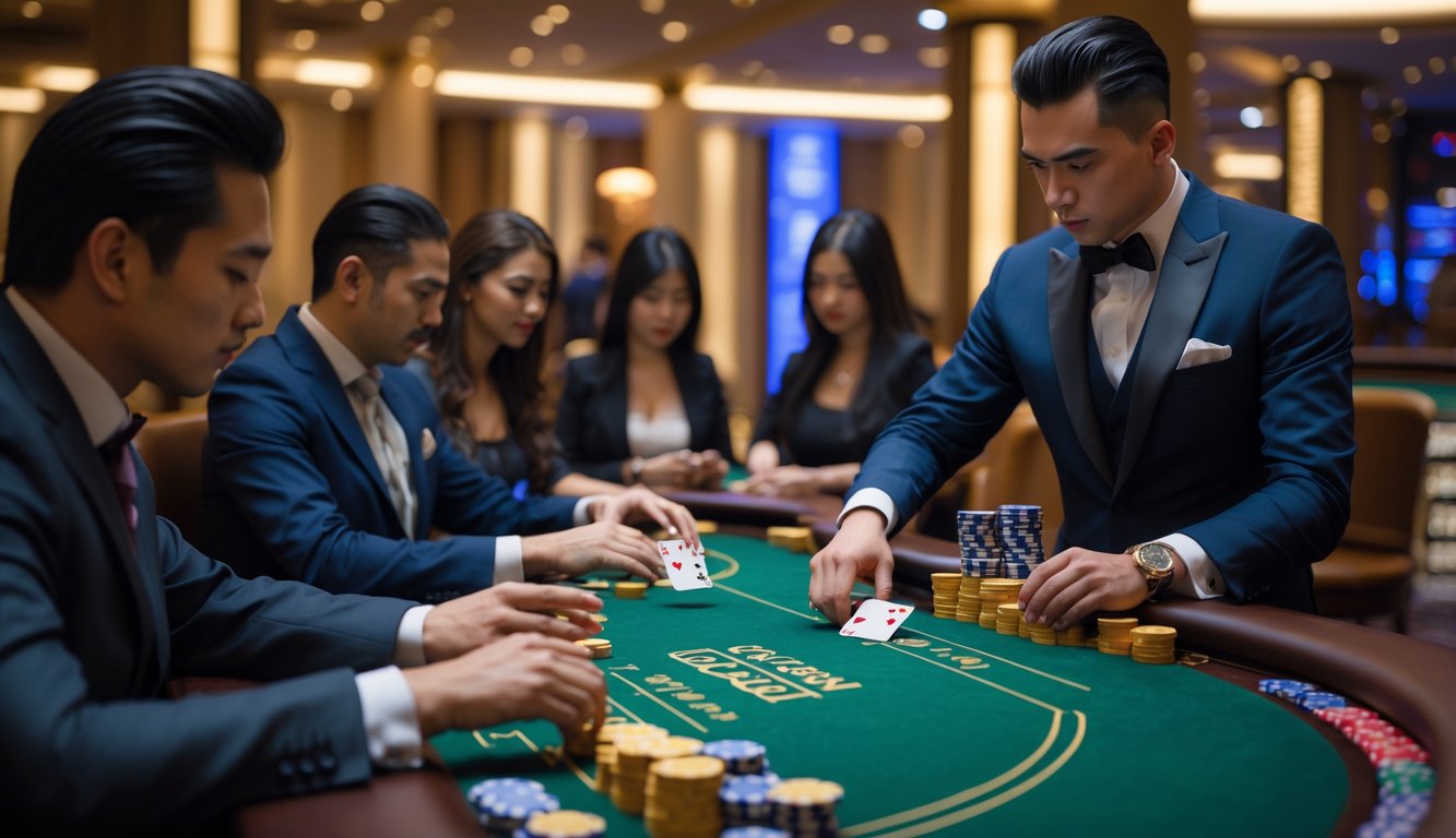 Seorang dealer berjubah formal membagikan kartu di meja permainan Dragon Bonus Baccarat dengan pemain yang fokus di sekeliling meja di dalam kasino mewah.