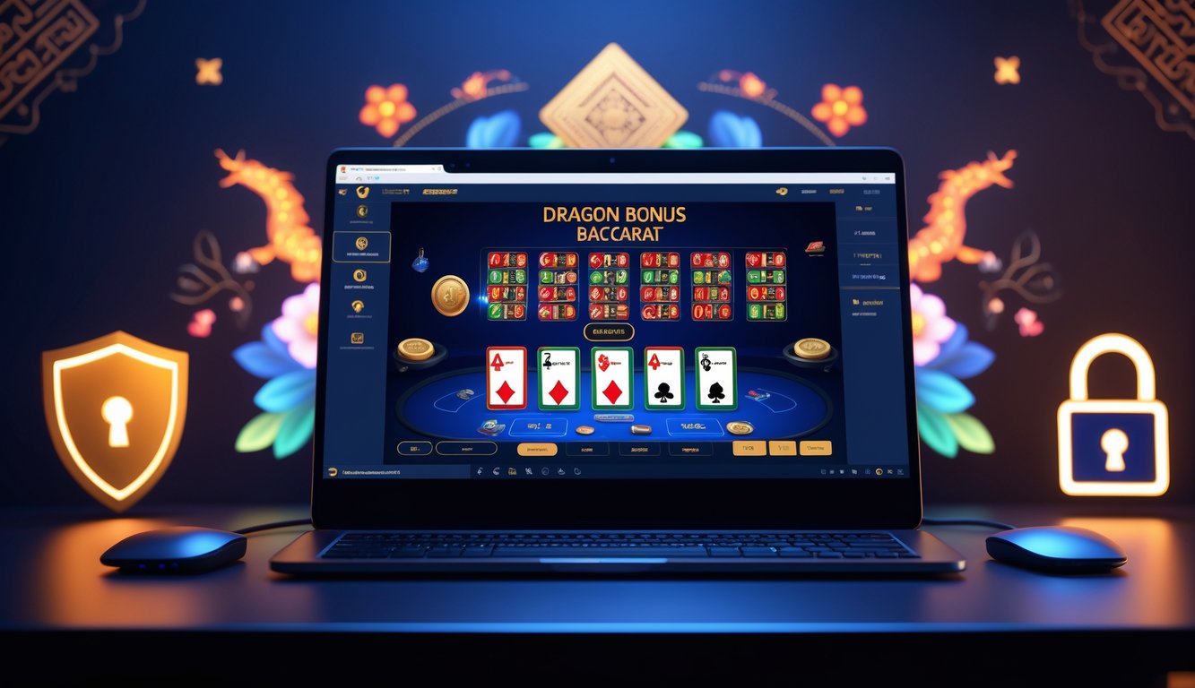 Seorang pria menggunakan laptop dengan layar menampilkan permainan baccarat online, di meja terdapat chip taruhan dan ikon keamanan, suasana menunjukkan pengalaman berjudi online yang aman dan terpercaya.