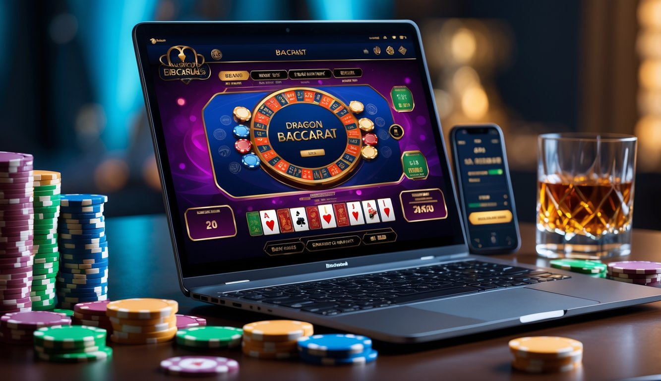 Meja dengan laptop yang menampilkan permainan baccarat online, tumpukan chip kasino, ponsel dengan aplikasi taruhan, dan gelas minuman di sampingnya.