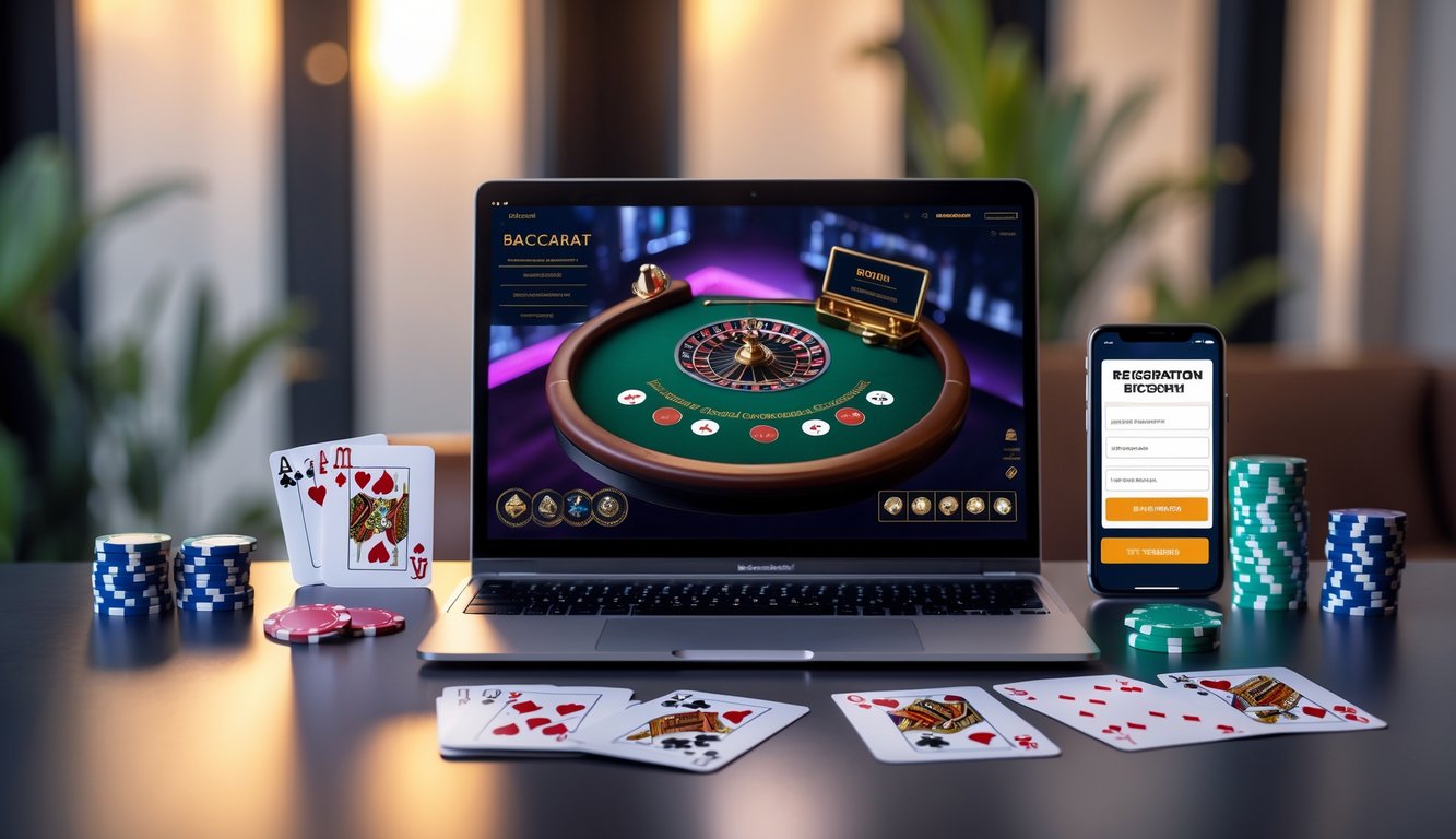 Seseorang sedang menggunakan laptop dan smartphone di meja dengan kartu remi dan chip poker, menyiapkan pendaftaran permainan baccarat online.