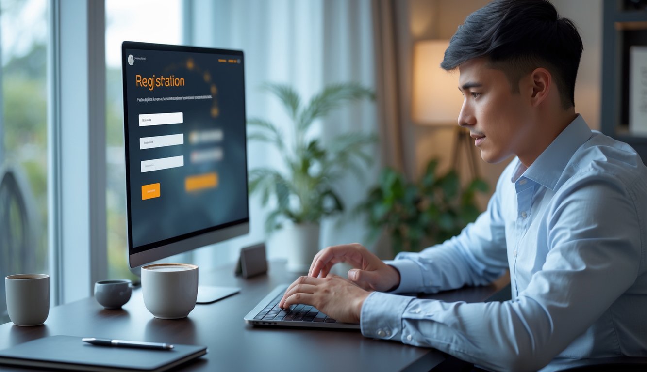 Seorang dewasa muda duduk di meja kerja dengan laptop, sedang mendaftar di situs permainan baccarat online di ruangan yang terang dan rapi.