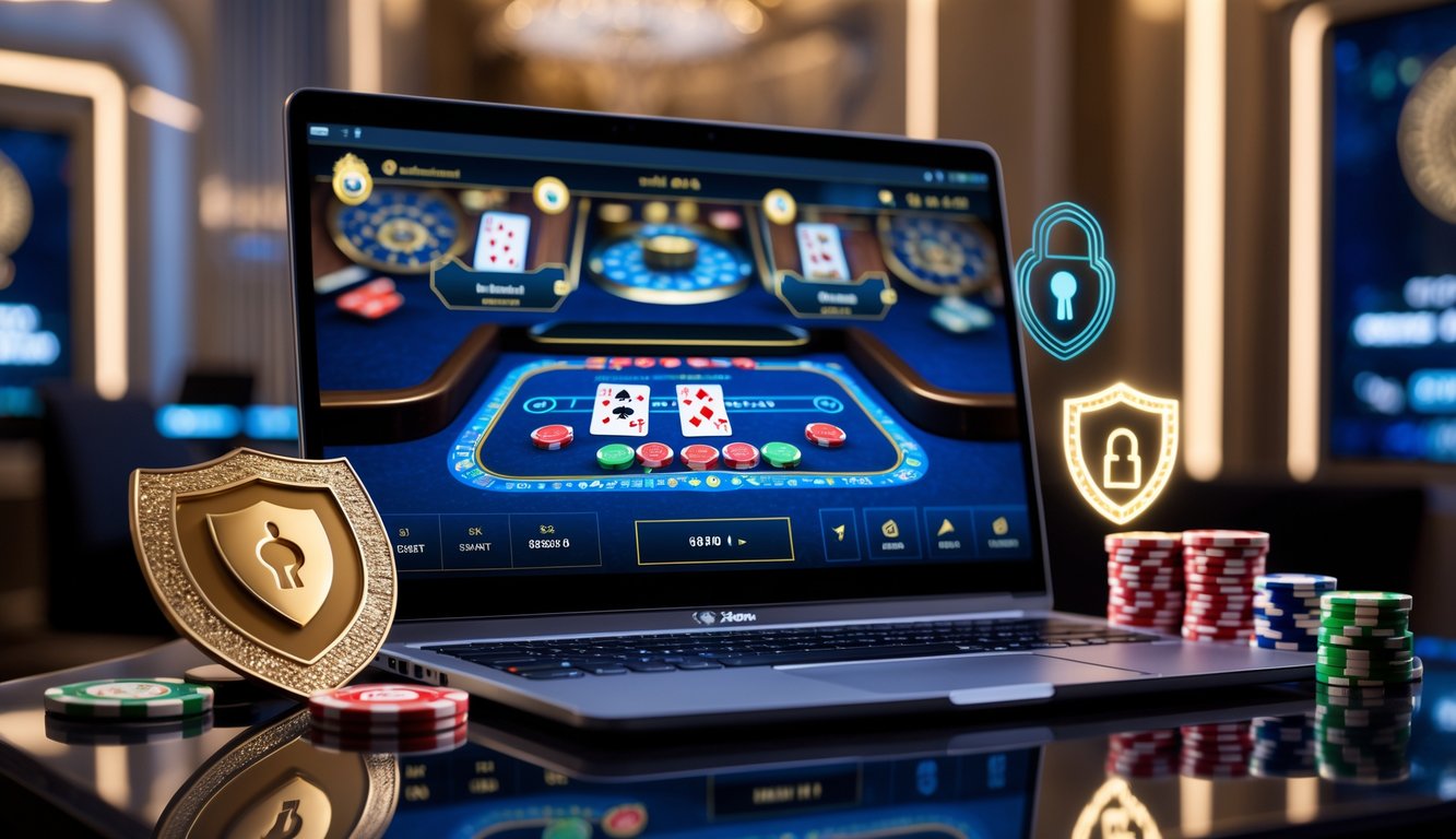 Seorang pemain sedang menggunakan komputer dengan tampilan permainan baccarat online di layar, dikelilingi oleh simbol keamanan dan bonus dalam suasana kasino modern.