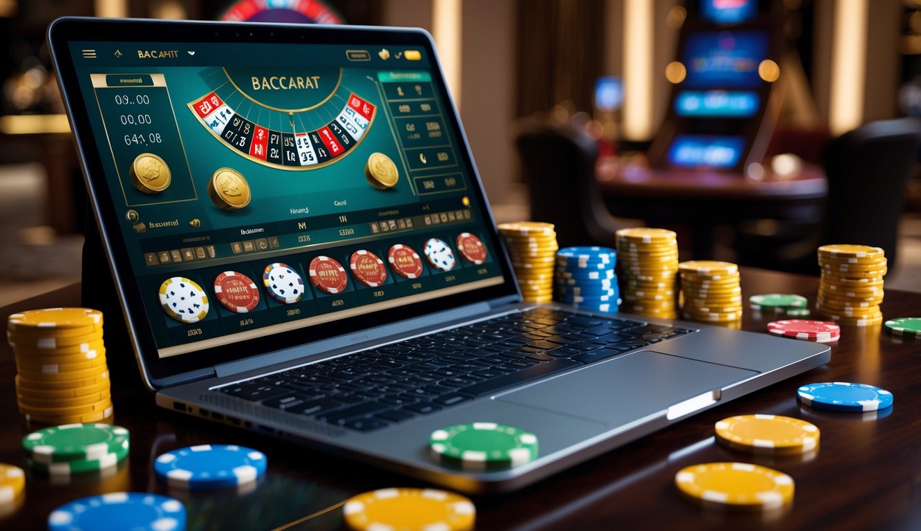 Sebuah laptop menampilkan permainan baccarat online dengan kartu dan chip di atas meja kayu, dikelilingi oleh koin emas dan chip kasino.