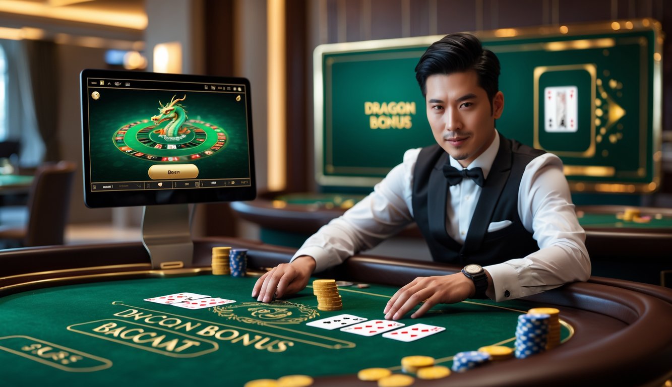 Seorang dealer pria Asia yang percaya diri mengelola permainan baccarat online dengan tampilan meja digital yang menampilkan kartu dan chip, di latar belakang suasana kasino yang mewah.