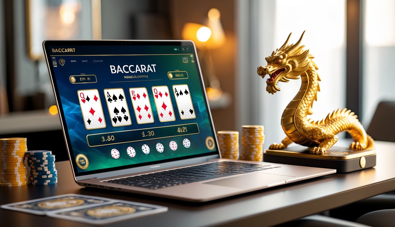 Seorang pemain profesional sedang bermain baccarat online dengan komputer dan chip poker di meja, dengan dekorasi naga emas di dekatnya.