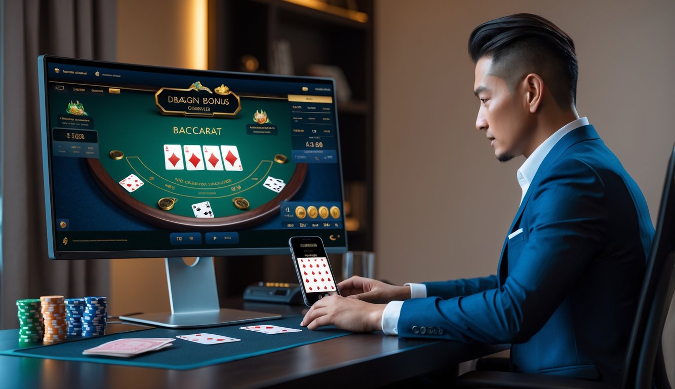 Seorang pemain profesional bermain baccarat online di depan komputer dengan meja baccarat digital di layar, di ruang kerja yang modern dan rapi.