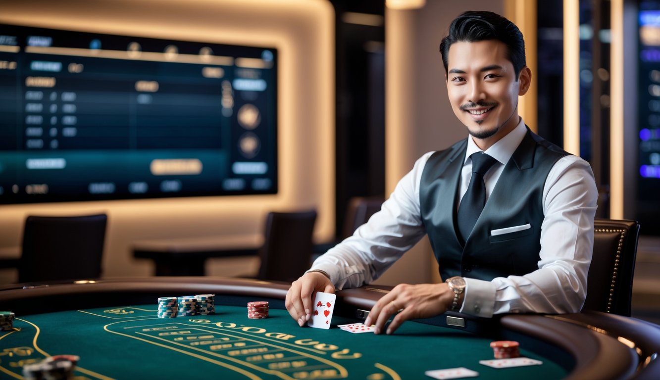 Seorang dealer kasino profesional duduk di meja baccarat dengan kartu dan chip, di latar belakang layar komputer menampilkan antarmuka permainan online yang modern.